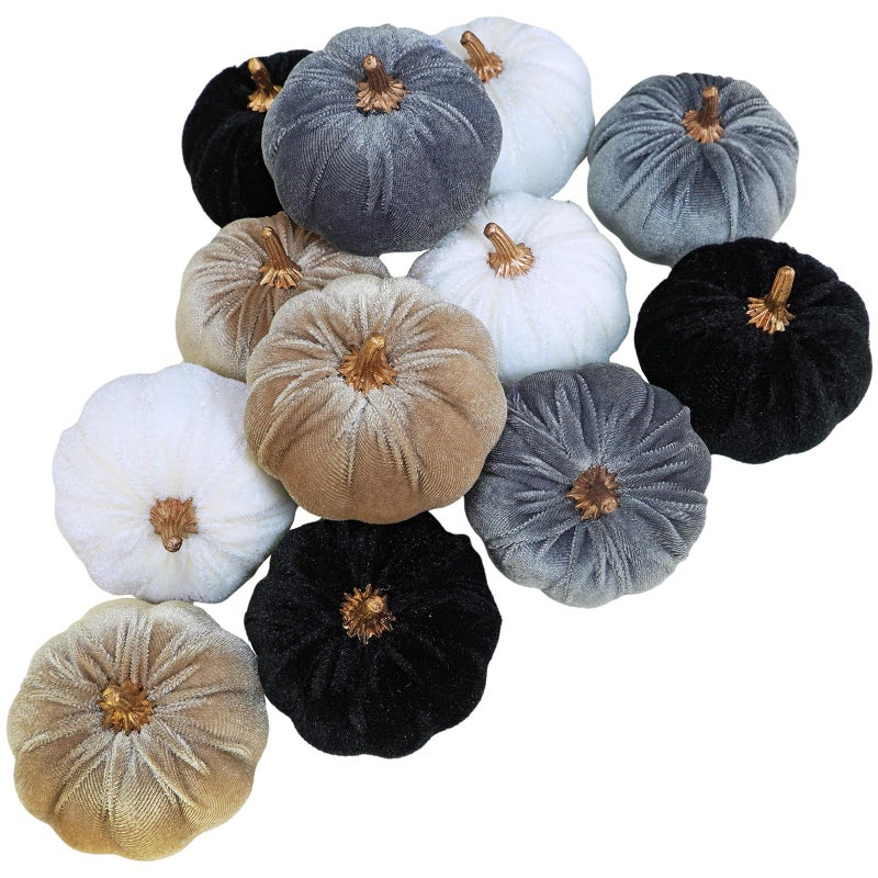 Winlyn 12 Pcs Small Assorted Faux Velvet Pumpkins Decorative Fabric Pumpkins in White Black Gray Taupe Foam Pumpkins 3"" for Farmhouse Fall Wedding Thanksgiving Halloween Table Centerpiece Mantel D?cor - Image 1