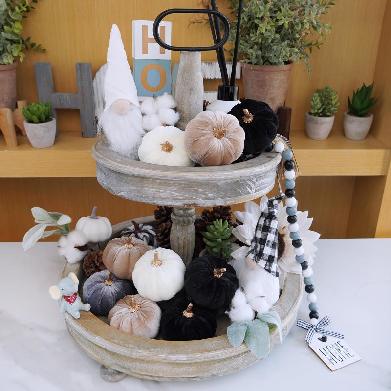 Winlyn 12 Pcs Small Assorted Faux Velvet Pumpkins Decorative Fabric Pumpkins in White Black Gray Taupe Foam Pumpkins 3"" for Farmhouse Fall Wedding Thanksgiving Halloween Table Centerpiece Mantel D?cor - Image 3