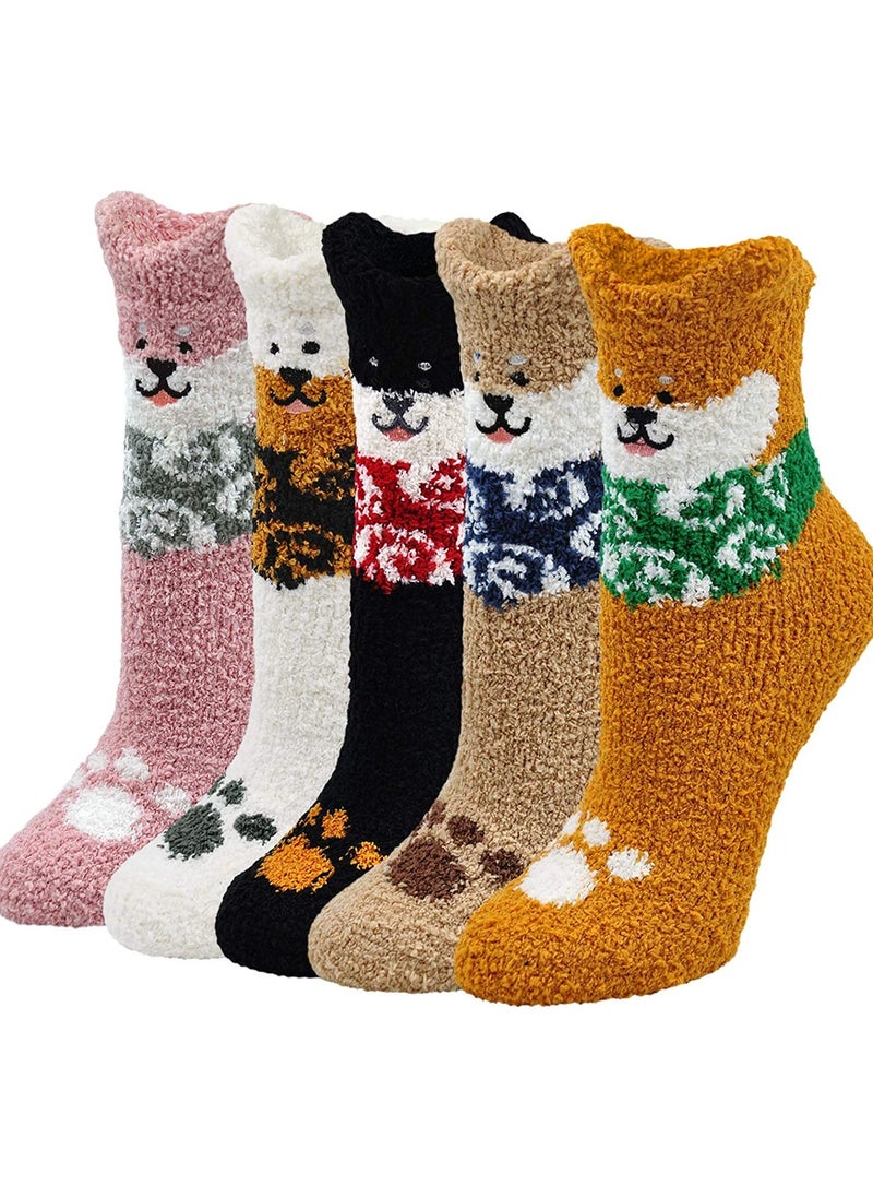 SYOSI - Womens Fuzzy Socks Winter Warm Soft Fluffy Slipper Socks C ute Animal Crew Sock Sleeping Bed Cozy Socks,5 Pairs - Image 1