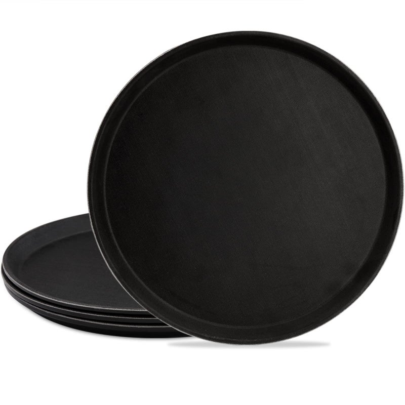 TOPZEA 4 Pack Plastic Server Tray 14 Inch Round Serving Tray Restaurant Serving Tray NonSlip Bar Tray Cafeteria Tray for Eating Cafe Tray for Coffee Table Black with NonSkid Rubber Lined