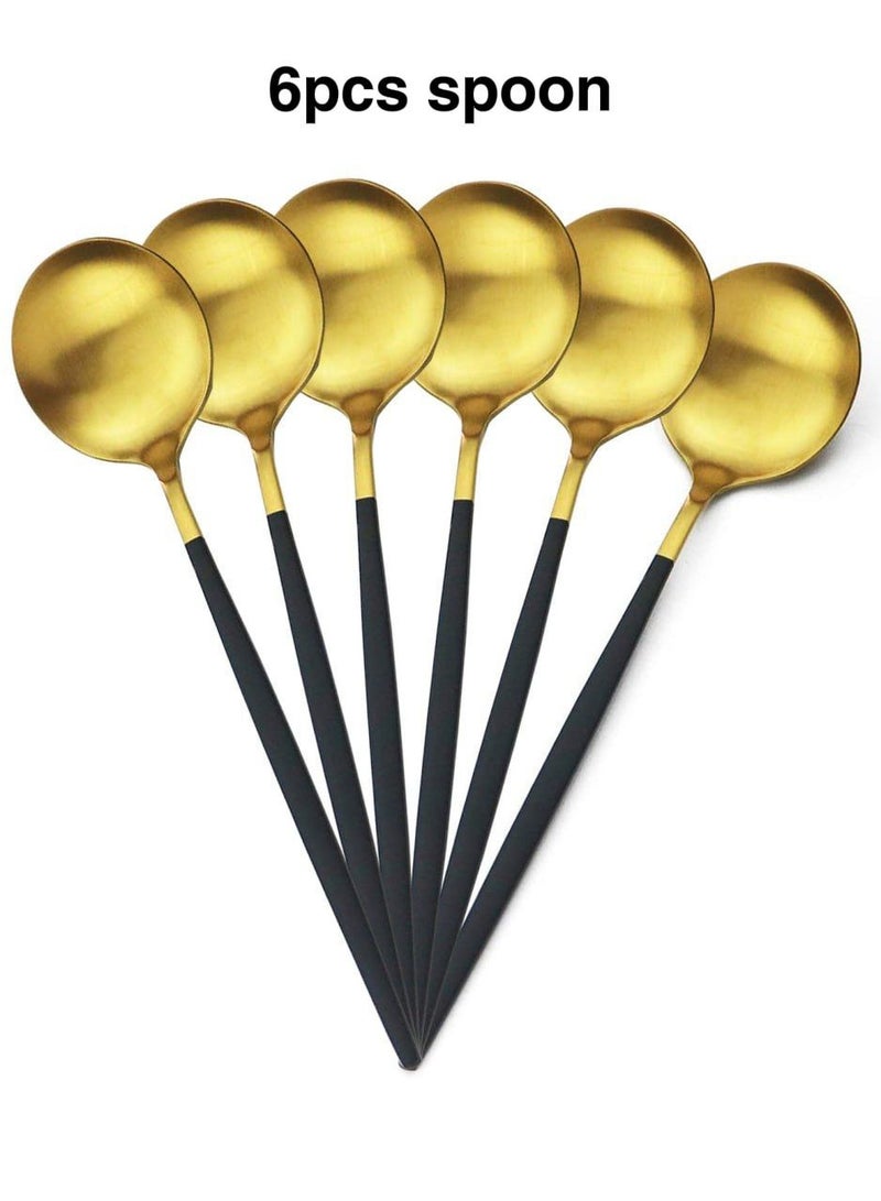 CATANES 6Piece Royal Spoons Black Gold Flatware Matte Black Handle 18/10 Stainless Steel Dinner Spoon Camping Cutlery Silverware Travel Utensils Set Tableware - Image 1