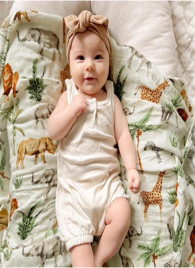 LifeTree - LifeTree Muslin Swaddle Blankets Unisex, Woodland Baby Swaddling Wrap Nursery Neutral Receiving Blanket for Boys & Girls, 70% Bamboo & 30% Cotton, Large 47 x 47 inches Safari Jungle/Olive Green - Image 1