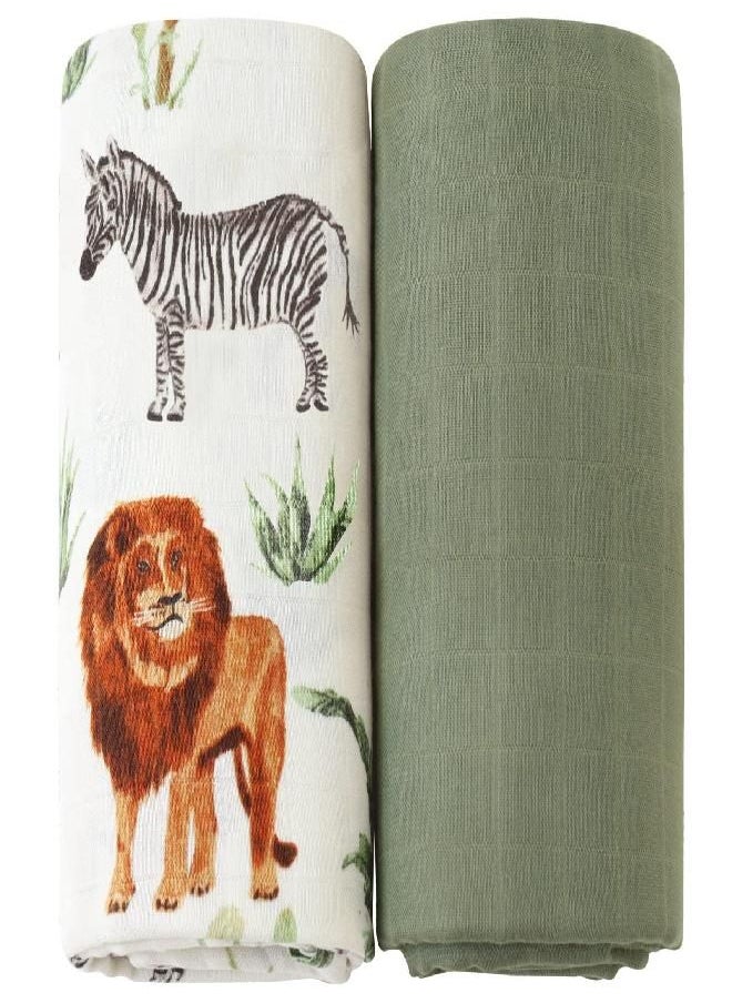 LifeTree - LifeTree Muslin Swaddle Blankets Unisex, Woodland Baby Swaddling Wrap Nursery Neutral Receiving Blanket for Boys & Girls, 70% Bamboo & 30% Cotton, Large 47 x 47 inches Safari Jungle/Olive Green - Image 1