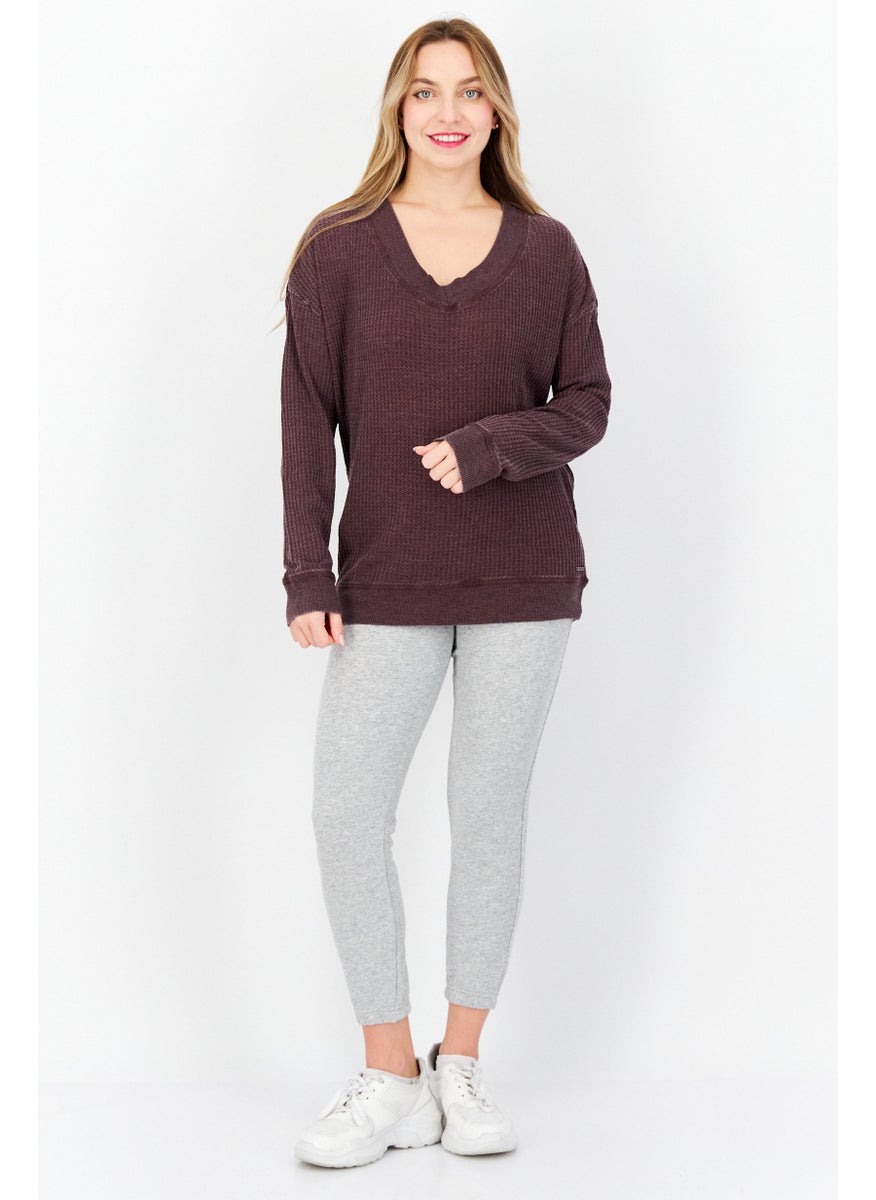 Marc New York Women V-Neck Long Sleeves Textured Sweater, Maroon  - Image 2