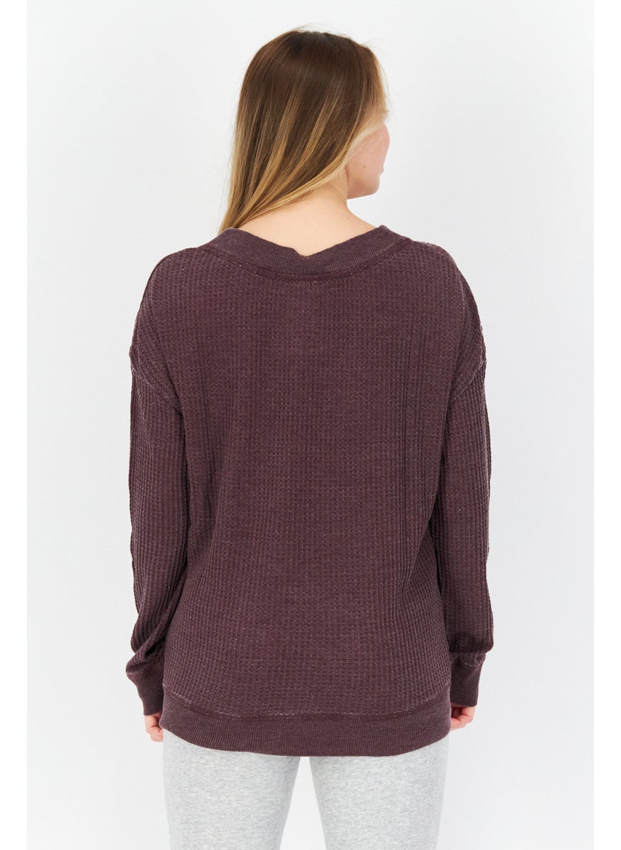 Marc New York Women V-Neck Long Sleeves Textured Sweater, Maroon  - Image 4