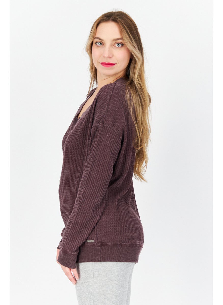 Marc New York Women V-Neck Long Sleeves Textured Sweater, Maroon  - Image 3