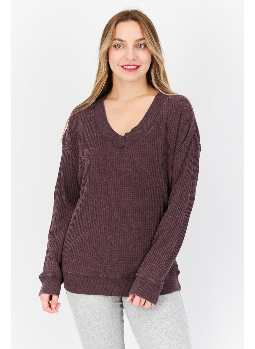 Marc New York Women V-Neck Long Sleeves Textured Sweater, Maroon  - Image 1