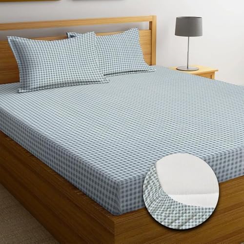 NEW LEAF Premium Cotton 210 tc Elastic Fitted Bedsheets with 2 Pillow Covers | Double/King Bed with All Around Elastic Wrinklefree Supersoft Breathable |Size-78 x72+8 inches |Small Checks, Grey - Image 1