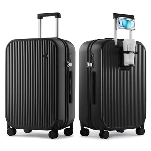 mixi Checked Luggage with Cup Phone Holder Hard Shell Rolling Travel Suitcases with Spinner Wheels,24 Inch Black - Image 1