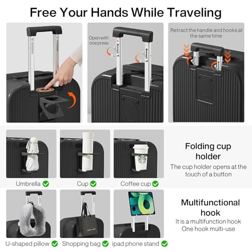 mixi Checked Luggage with Cup Phone Holder Hard Shell Rolling Travel Suitcases with Spinner Wheels,24 Inch Black - Image 4