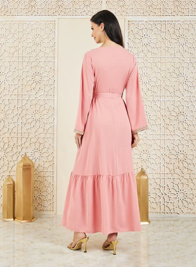 ستايلي Embroidered Lace Neckline Self Tie Up Tiered Jalabiya