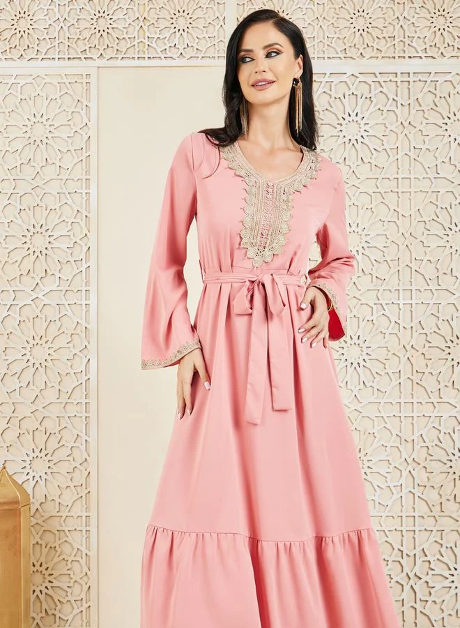 ستايلي Embroidered Lace Neckline Self Tie Up Tiered Jalabiya