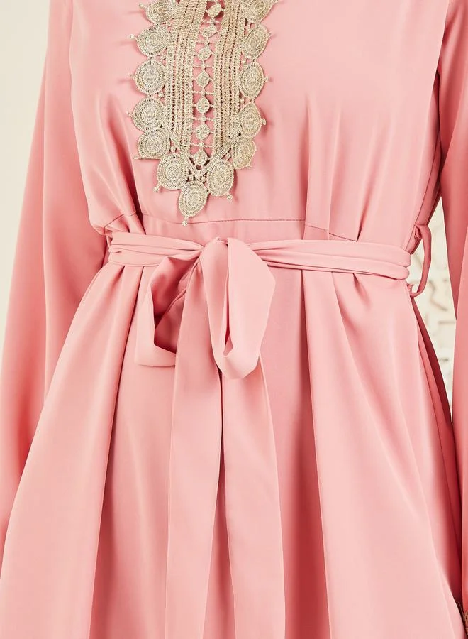 ستايلي Embroidered Lace Neckline Self Tie Up Tiered Jalabiya