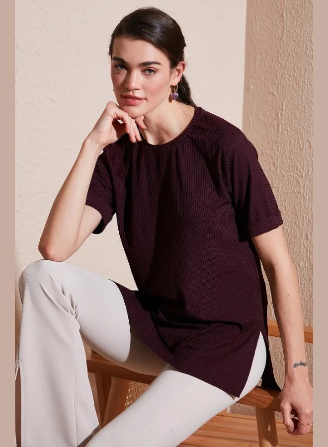 Lela Lela Oversize Crew Neck Blouse with Slit Detail Women's Blouse 5869000