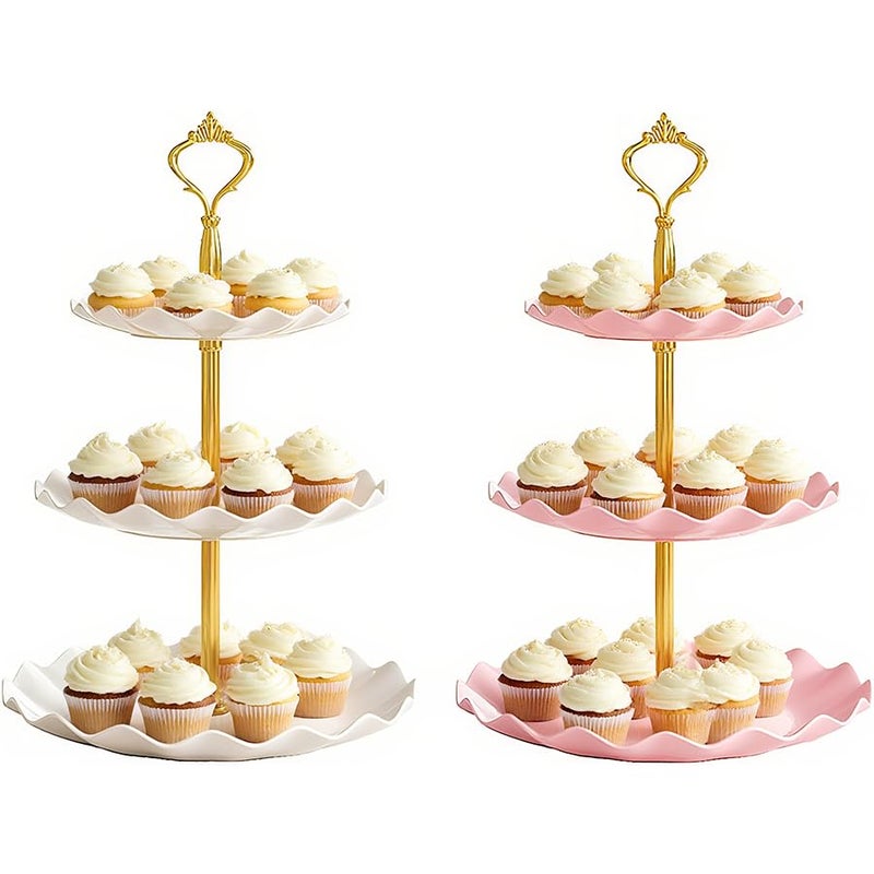 Hazyore 2 PCS 3 Tier Cupcake Stand Holder Plastic Cupcake Holder Towel with Multiple Layers of Trays Used for Cupcakes Donuts Fruits Etc White WhitePink - Image 1