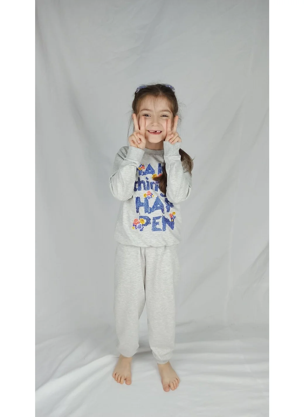 Bluence Girl Waiter Gray Printed Cotton Tracksuit Set