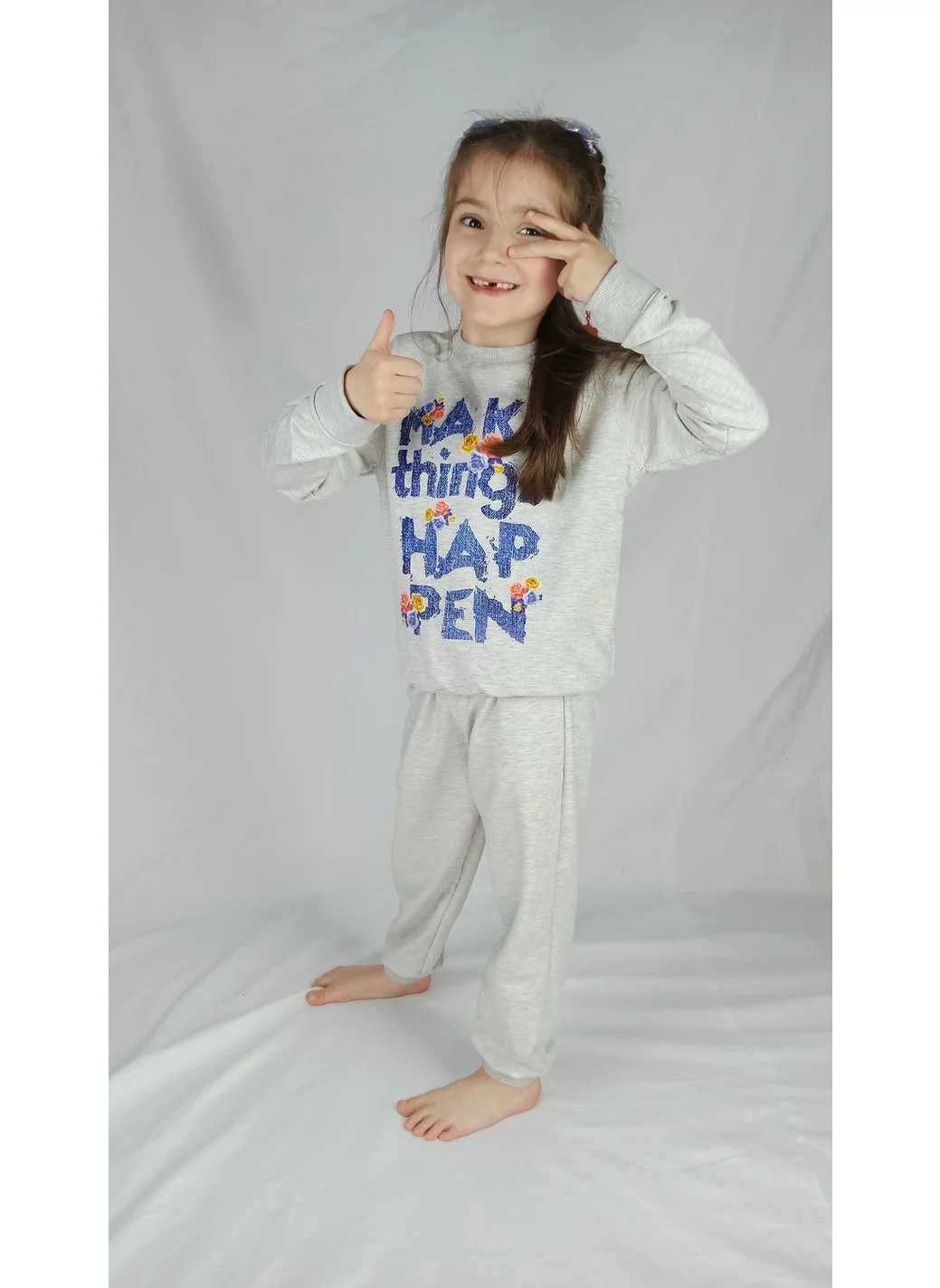 Bluence Girl Waiter Gray Printed Cotton Tracksuit Set