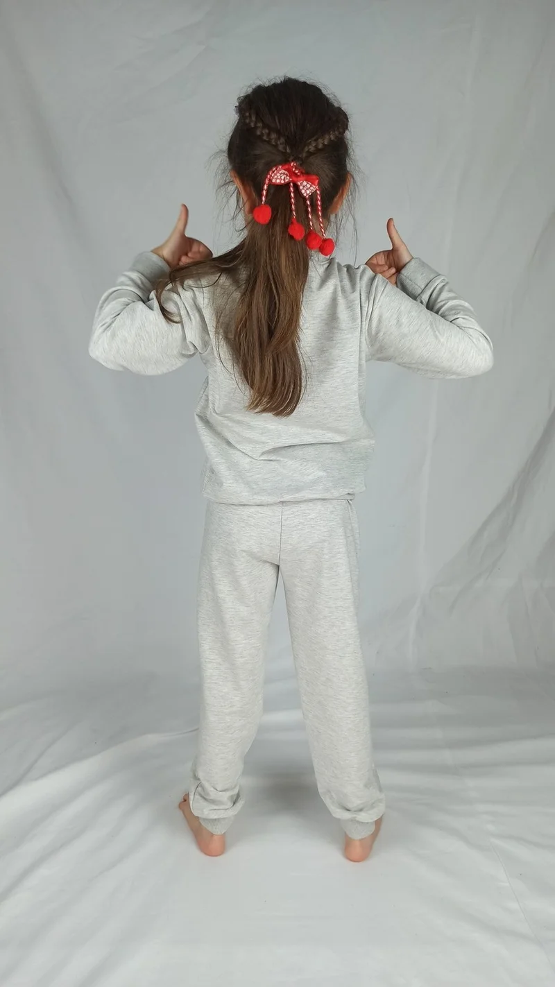 Bluence Girl Waiter Gray Printed Cotton Tracksuit Set