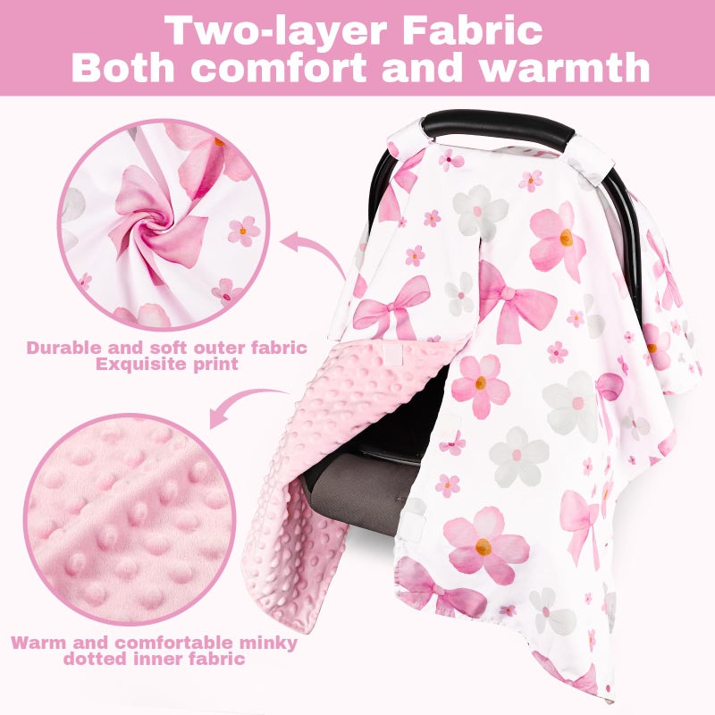 Hooyax Peekaboo Car Seat Cover for Baby Girl - Warm Minky Carseat Canopy with Adjustable Opening, Universal Fit for Infant Car Seats & Strollers, Soft Nursing Cover & Blanket (Pink Bow) - Image 2