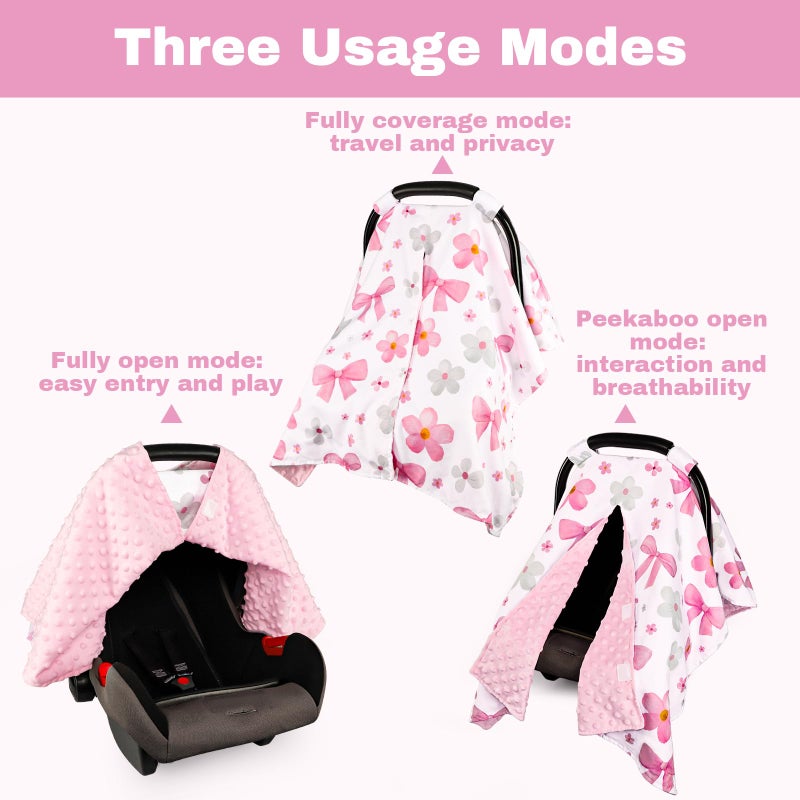 Hooyax Peekaboo Car Seat Cover for Baby Girl - Warm Minky Carseat Canopy with Adjustable Opening, Universal Fit for Infant Car Seats & Strollers, Soft Nursing Cover & Blanket (Pink Bow) - Image 3