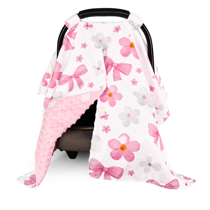 Hooyax Peekaboo Car Seat Cover for Baby Girl - Warm Minky Carseat Canopy with Adjustable Opening, Universal Fit for Infant Car Seats & Strollers, Soft Nursing Cover & Blanket (Pink Bow) - Image 1