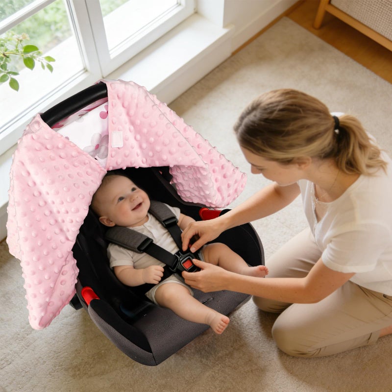 Hooyax Peekaboo Car Seat Cover for Baby Girl - Warm Minky Carseat Canopy with Adjustable Opening, Universal Fit for Infant Car Seats & Strollers, Soft Nursing Cover & Blanket (Pink Bow) - Image 4