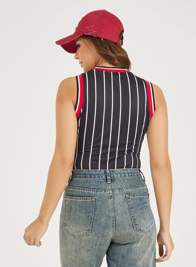Styli Striped Rib Neck Sleeveless Bodysuit with Logo Detail