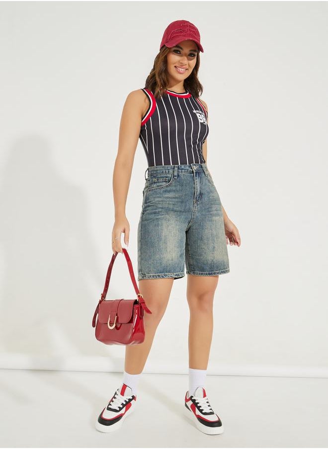 Styli Striped Rib Neck Sleeveless Bodysuit with Logo Detail  - Image 3