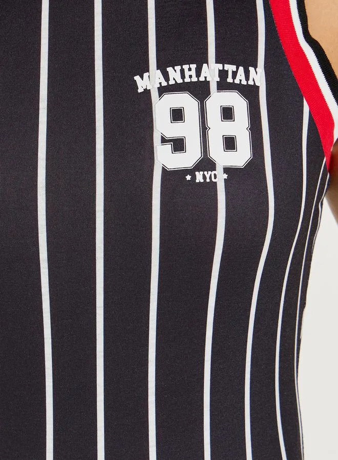 Styli Striped Rib Neck Sleeveless Bodysuit with Logo Detail