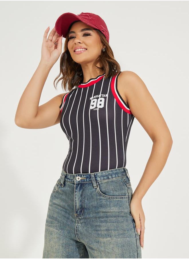 Styli Striped Rib Neck Sleeveless Bodysuit with Logo Detail  - Image 2
