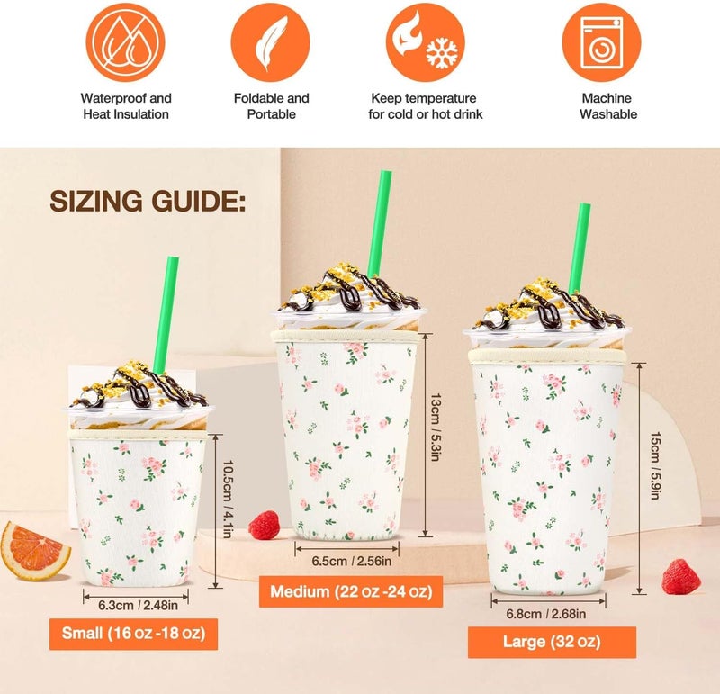 KPX 3 Pack Iced Coffee Cup Sleeve for Large Sized Cups, Reusable Neoprene Iced Coffee Cup Holder for Hot Cold Drinks, Compatible with Starbucks, Dunkin Donuts, and More（Pink flower） - Image 2