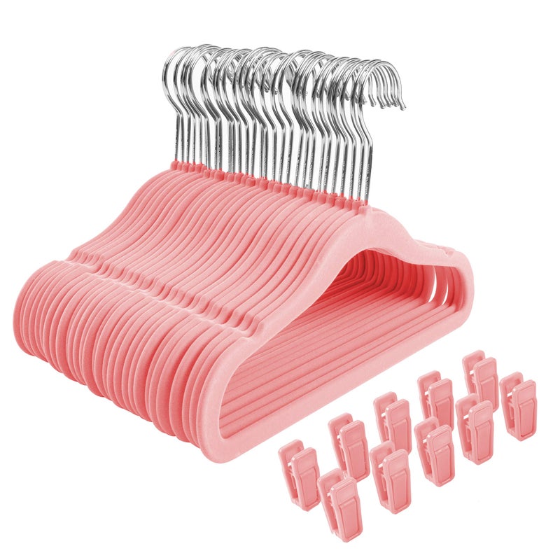 Finnhomy Non-Slip Clothes Hangers for Baby and Kids 30-Pack Velvet Hangers with 10 Finger Clips, Light Pink - Image 1