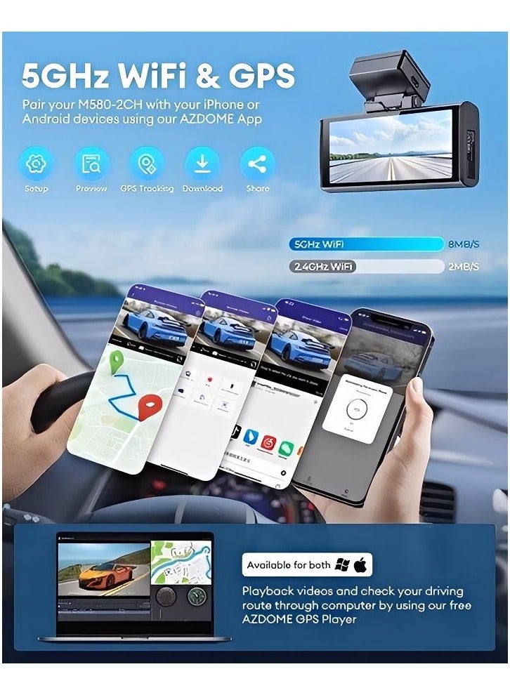 أزدوم كاميرا السيارة AZDOME M580 داش كام بدقة 5K أمامية وخلفية، مزوّدة بشبكة WiFi بتردد 5GHz ونظام GPS مدمج، شاشة لمس بحجم 4 بوصات، مراقبة وقوف السيارات على مدار 24 ساعة، رؤية ليلية، ومسجّل فيديو أسود (Black Box). - Image 4