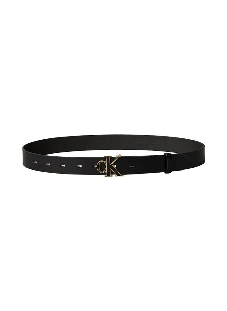 Calvin Klein BLACK / ANTIQUE LIGHT GOLD Full-Grain Leather Logo Buckle Belt for Women | Best Price UAE