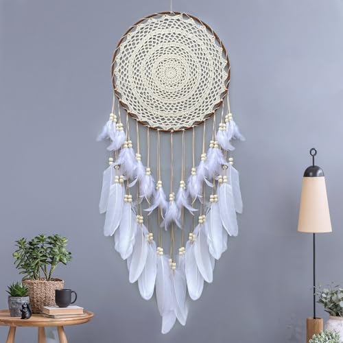Malicosmile Large White Dream Catcher Handmade Big Dream Catchers for Bedroom Wall Hanging Wedding Party Decor with a Greeting Card Gift 118 Inches in Diameter