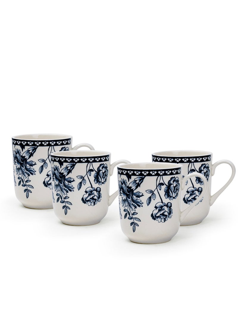 Claytan Rhapsody 370ml Dark Blue Floral Pattern Ceramic Mug, White (Set of 4)