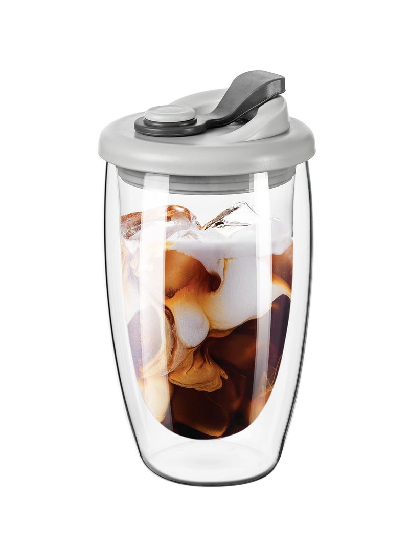 Double Wall Glass Coffee Mug with Silicone Lid - 15oz Insulated Cup for Hot and Cold Drinks - High Borosilicate Glass Double Walled Cup for Travel and Home Use (Grey)  - Image 1