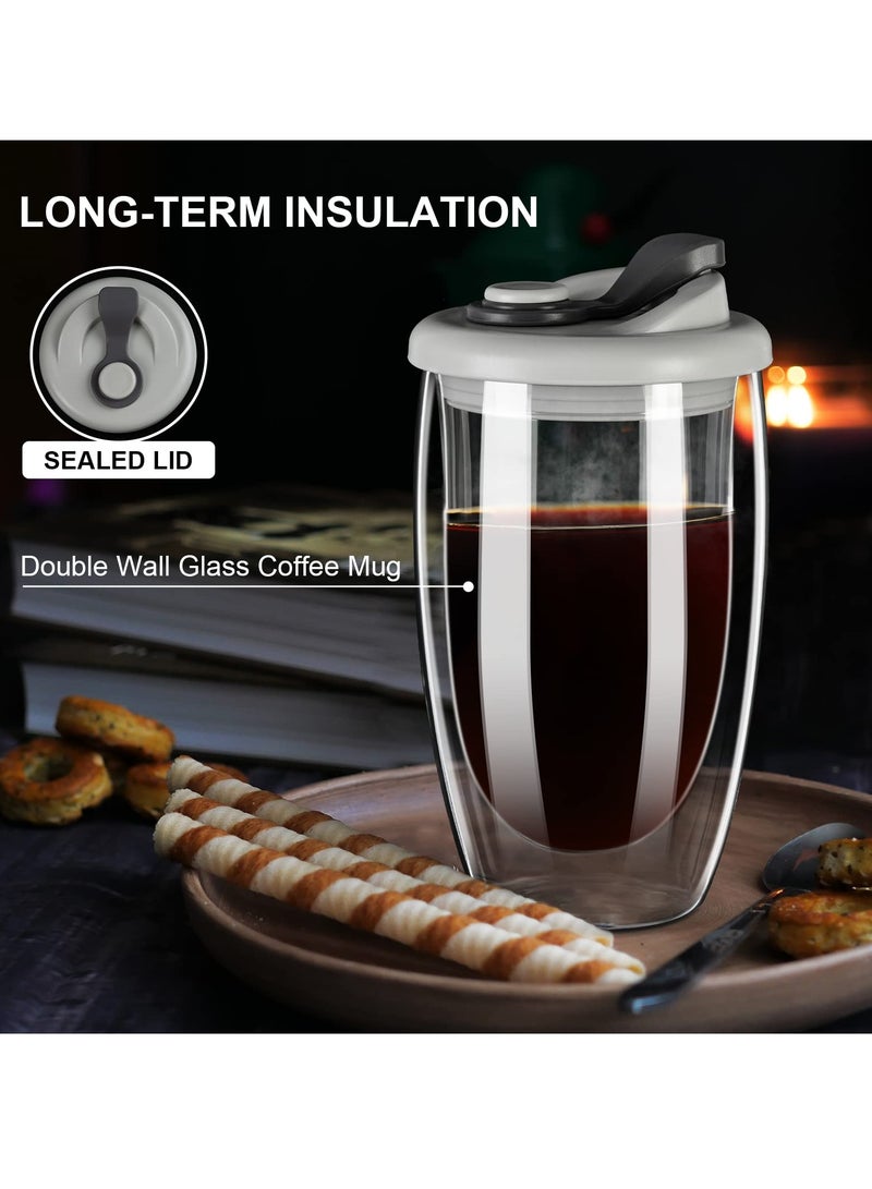 Double Wall Glass Coffee Mug with Silicone Lid - 15oz Insulated Cup for Hot and Cold Drinks - High Borosilicate Glass Double Walled Cup for Travel and Home Use (Grey)  - Image 2