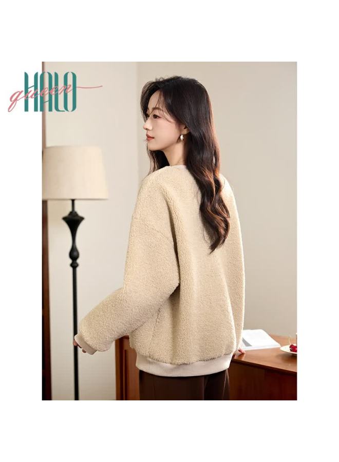 HALOQUEEN Halo Queen Fleece-lined Sweatshirt For Women, Lambswool, Autumn And Winter Round Neck Plush Sweatshirt, Thickened Warm Versatile H144w - Image 2