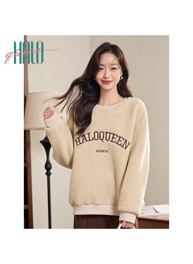 HALOQUEEN Halo Queen Fleece-lined Sweatshirt For Women, Lambswool, Autumn And Winter Round Neck Plush Sweatshirt, Thickened Warm Versatile H144w - Image 1