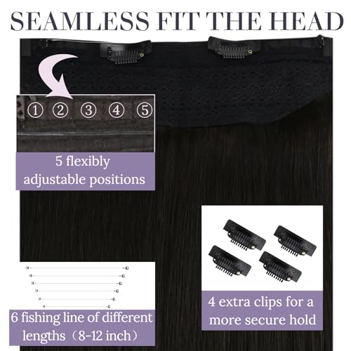 Fshine Black Wire Hair Extensions Real Human Hair Straight Wire Human Hair 18 Inch Invisible Clip ins Transparent Fish Wire Secret Hairpiece Layered Remy Hair 80G - Image 4