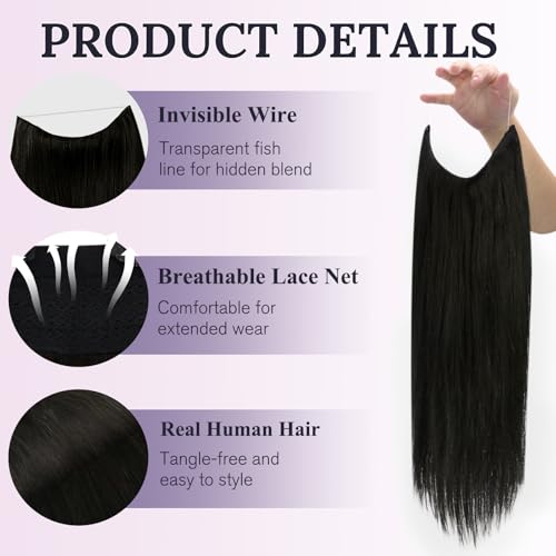 Fshine Black Wire Hair Extensions Real Human Hair Straight Wire Human Hair 18 Inch Invisible Clip ins Transparent Fish Wire Secret Hairpiece Layered Remy Hair 80G - Image 2