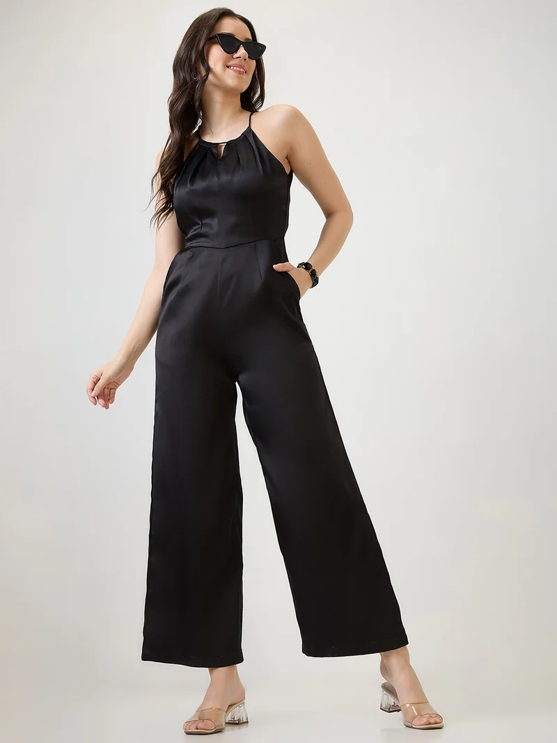 globus Women Black Satin Halter Neck Wide Leg Party Jumpsuit