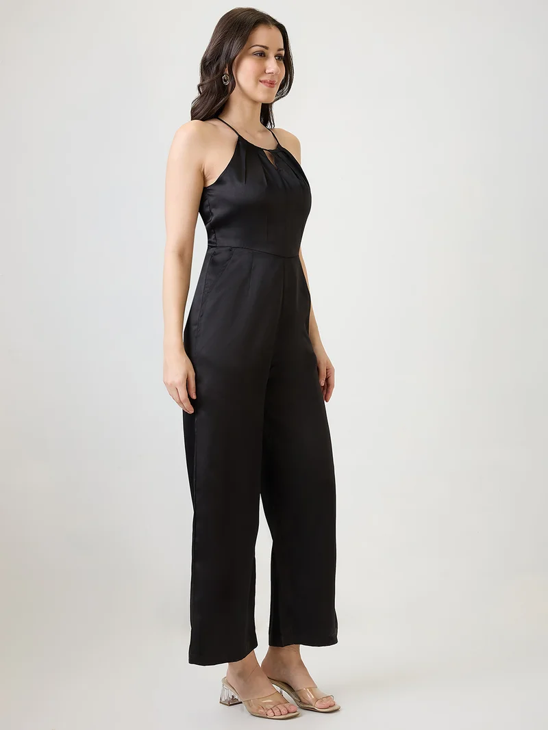 globus Women Black Satin Halter Neck Wide Leg Party Jumpsuit