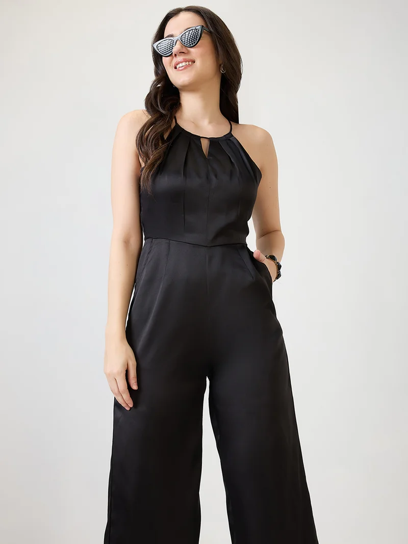 globus Women Black Satin Halter Neck Wide Leg Party Jumpsuit