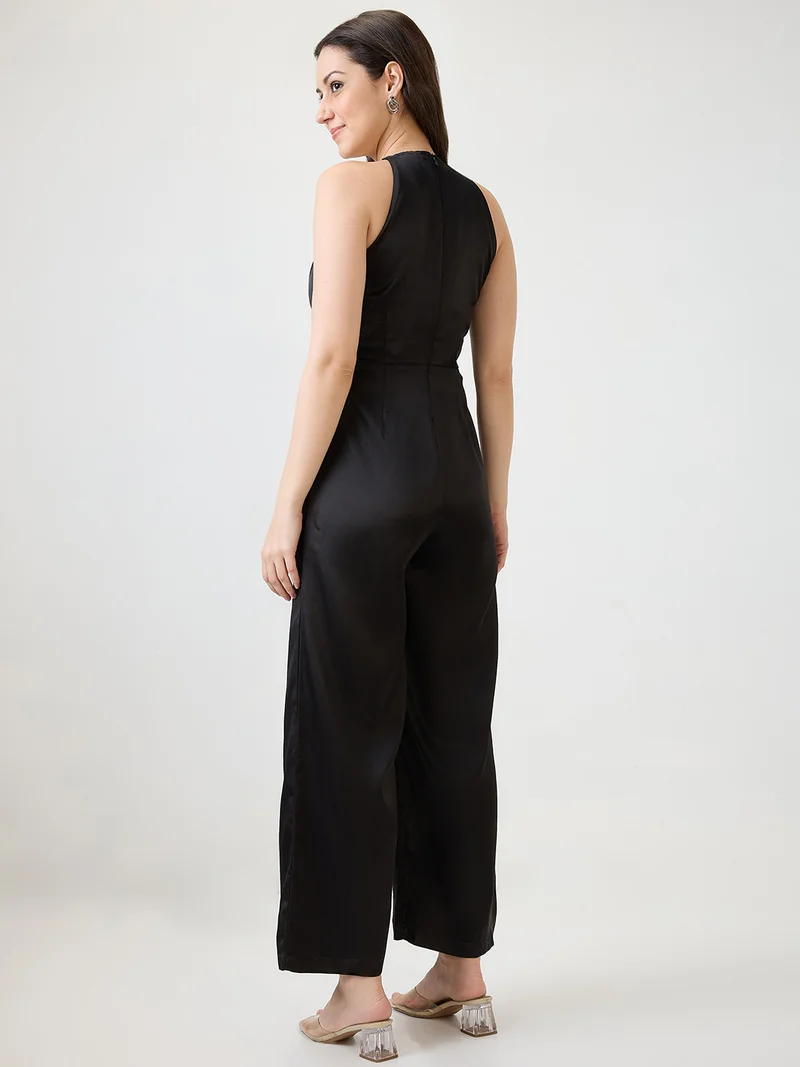 globus Women Black Satin Halter Neck Wide Leg Party Jumpsuit