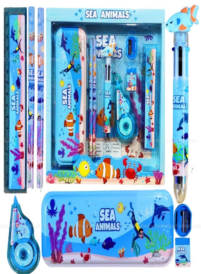 FunBlast Sea Animal Theme Stationary Kit for Kids - Stationery Box Pencil Pen Eraser Sharpener and Cartoon Pencil Box- Stationary Kit Set for Boys and Girls, Birthday Gift for Kids (Multicolor) - Image 1