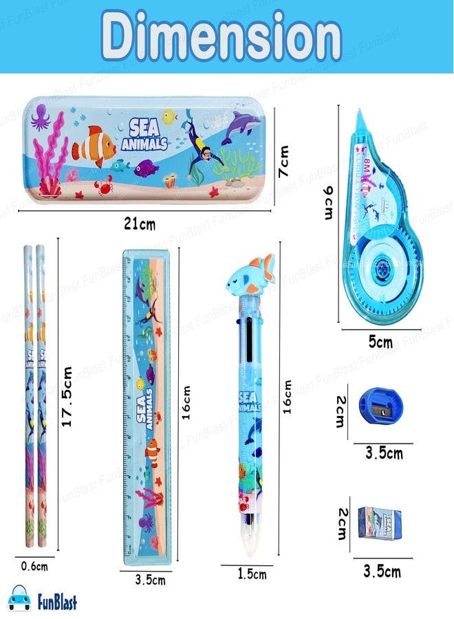 FunBlast Sea Animal Theme Stationary Kit for Kids - Stationery Box Pencil Pen Eraser Sharpener and Cartoon Pencil Box- Stationary Kit Set for Boys and Girls, Birthday Gift for Kids (Multicolor) - Image 2