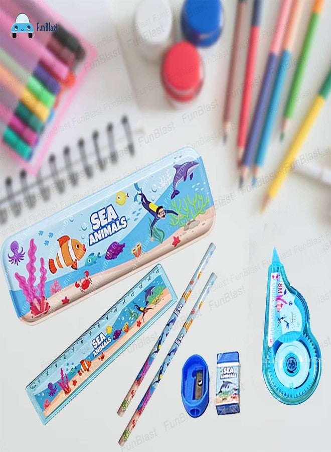 FunBlast Sea Animal Theme Stationary Kit for Kids - Stationery Box Pencil Pen Eraser Sharpener and Cartoon Pencil Box- Stationary Kit Set for Boys and Girls, Birthday Gift for Kids (Multicolor) - Image 4