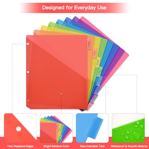 SUIN 8-Tab Binder Dividers with Double Pockets - Translucent Plastic Page Separators for 3 Ring Binder, Front & Back Storage, Durable Poly, Letter Size, Rainbow Colors, 1-Pack - Image 3